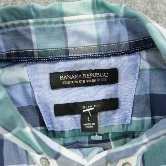 Banana Republic Shirt Mens Large Green Blue Button Up Plaid Slim Custom - Picture 7 of 14